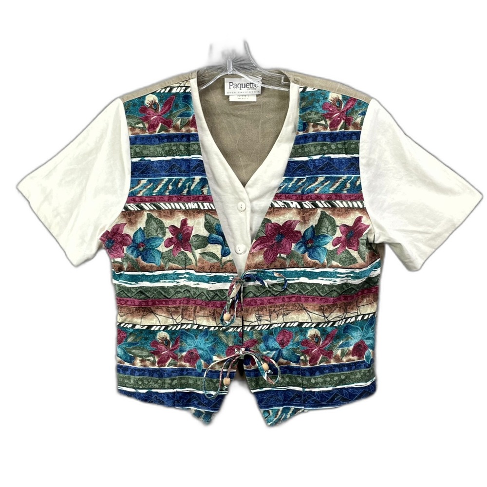 Vintage Paquette Petite by Byer California Vest Top Womens L Short Sleeve Floral